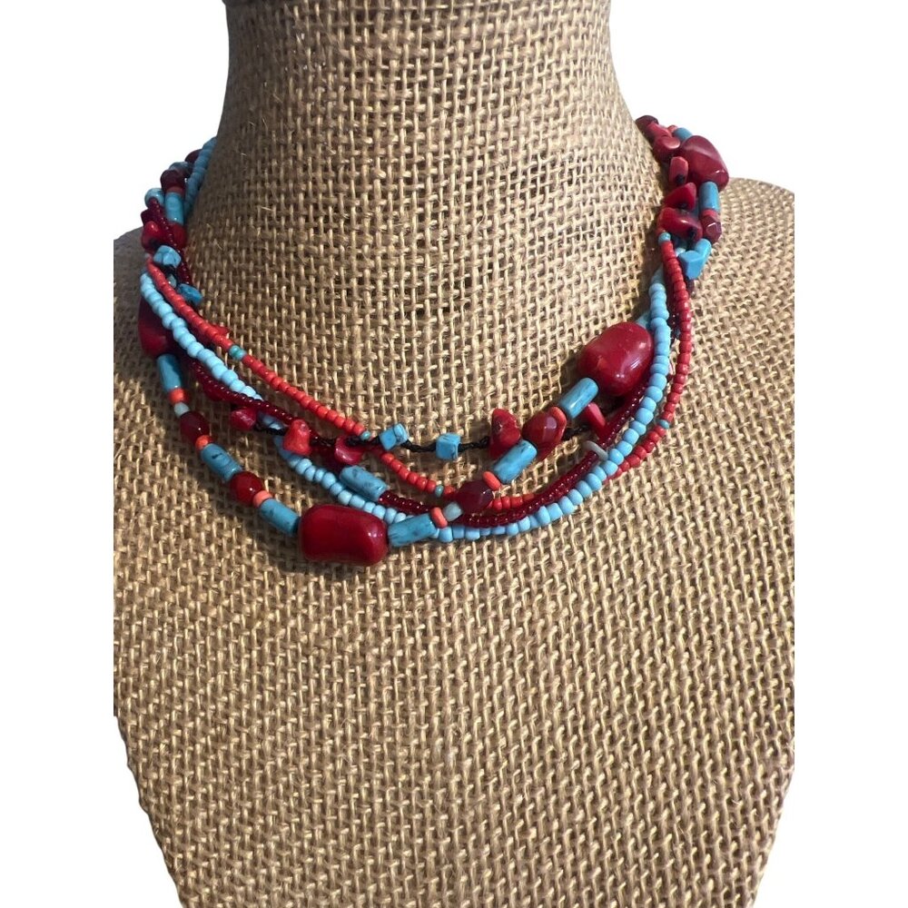 Southwestern Multi Strand Simulated Red Coral Howlite Necklace Antique Gold Adj